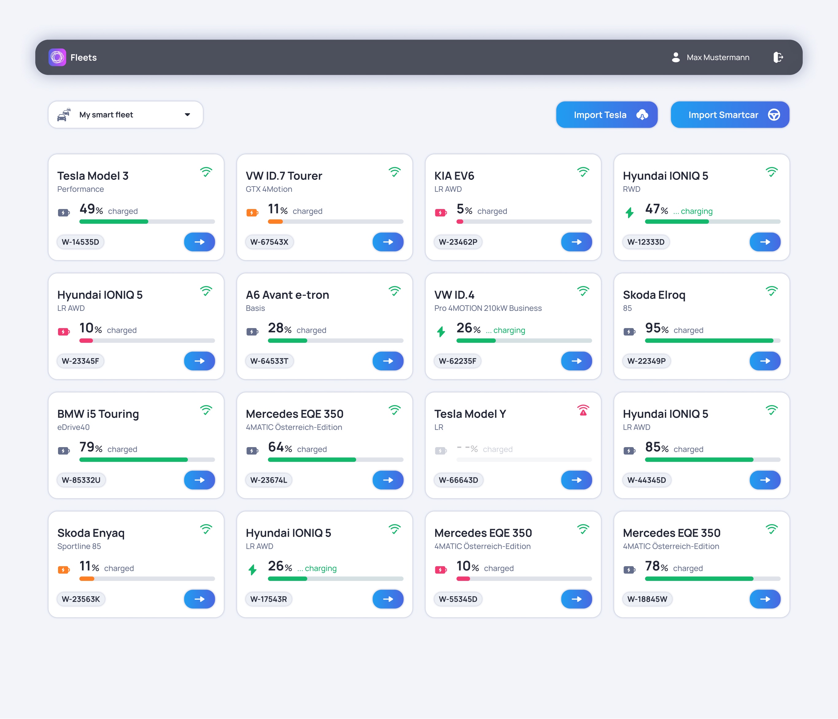 Screenshot of the vehicle list in Fleets
